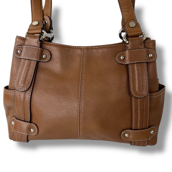 Tignanello Pebbled Leather Brown Double Strap Handbag Purse Side Pocket Bag - Picture 2 of 10